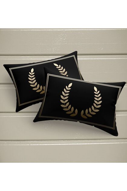 2'li Taç Desenli, 35x55 Cm Dikdörtgen, (Siyah-Gold) Kırlent Kılıfı - Çift Taraflı Baskı