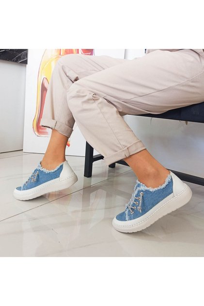 Blue Color Stoned Flat Sole Women's Denim Sneakers
