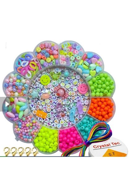 Daisy-shaped seed beads, plastic beads, and letter beads are jewelry making materials.