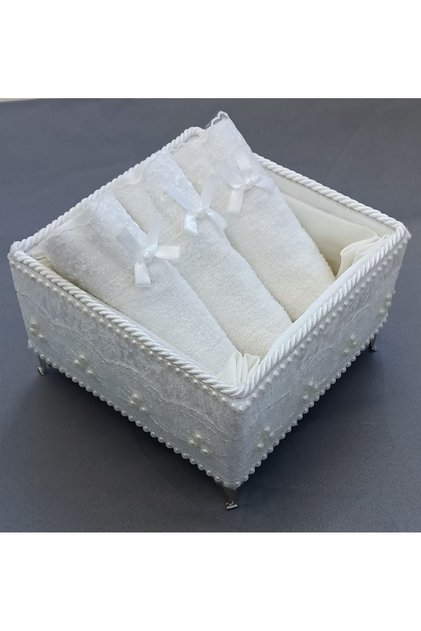 Square Velvet Footed Towel Holder and Cotton Scalloped 30*50 cm 3 Pcs Small Towels