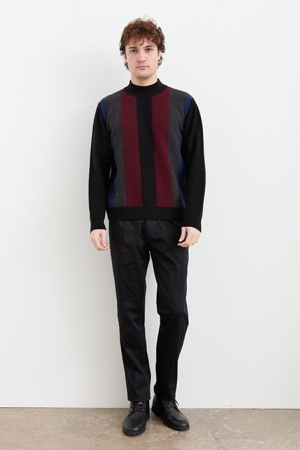Men's Half Turtleneck Colorful Wool Sweater Black