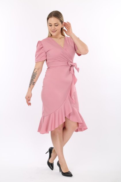 Women's Balloon Sleeve Double Breasted Belted Rose Dress