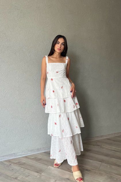 Green Red Floral Floor-Layered Dress with Tie Back Detail