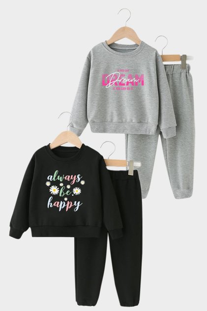2-Piece Dream-Always Be Happy Printed Girl's Black-Grey Tracksuit Set