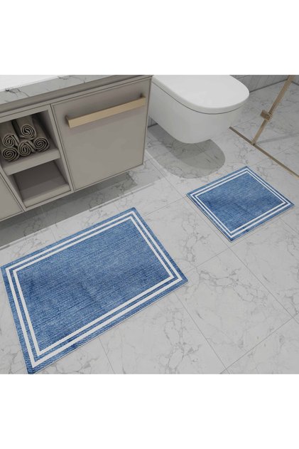 Non-Slip Base Washable 2-Piece Bath Mat Set Blue White Pattern Digital Printed 60X90Cm- 40X60Cm