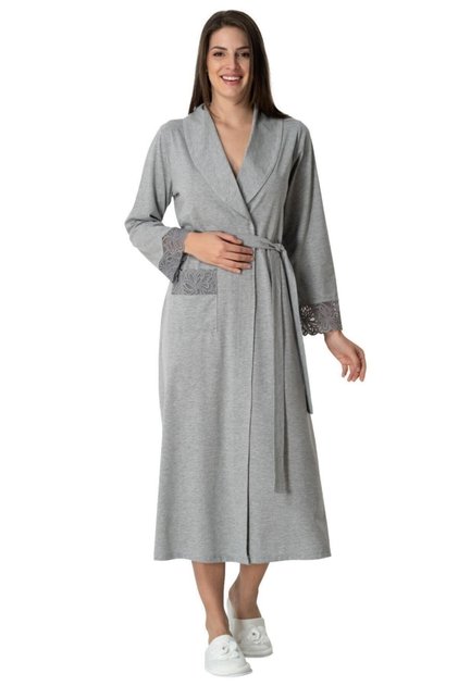 Women's Gray Lace Cotton Combed Long Dressing Gown