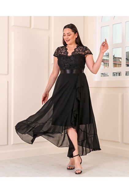 Butik Nilyam Women's Large Size V-Neck Lace Detailed Top Chiffon Detailed Bottom Belted Evening Dress 24077- Trendyol Butik Nilyam Women's Large Size V-Neck Lace Detailed Top Chiffon Detailed Bottom Belted Evening Dress 24077- Trendyol