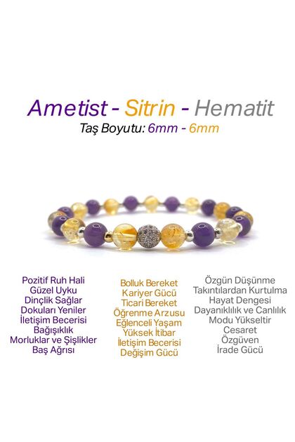 Sertifikalı Orijinal Hakiki 6mm Ametist - Sitrin - Gri Hematit - Zirkon Aparatlı Misinalı Bileklik
