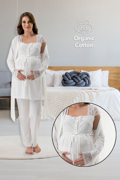 Women's Ecru Pregnant Maternity Short Sleeved Pajama Set with Dressing Gown Set of 3