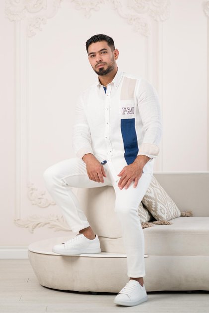 Regular Fit Raw Linen Shirt with Embroidered Collar and Patterned Detailing