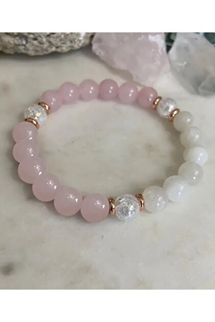 Aşk,Mutluluk Mıknatısı Doğal Taş Bileklik ( Pembe Kuvars , necef, ay taşı ) 8 mm