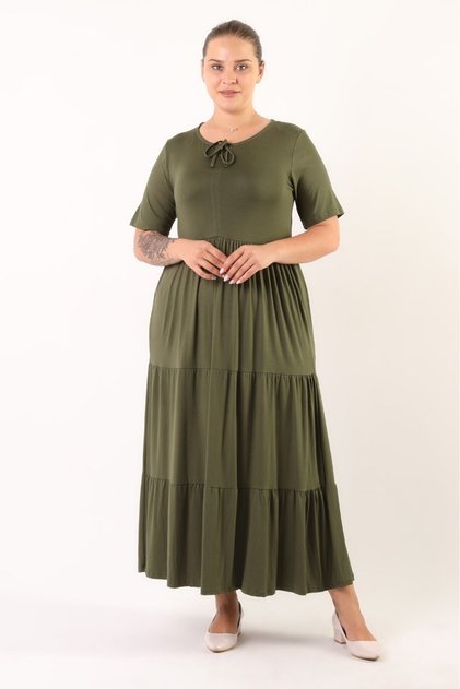 rochie de dama verde cu maneca scurta cu volane in 3 straturi