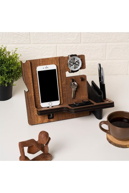 Ahşap Telefon Standı Saat Cüzdan Standı Masaüstü Düzenleyici Şarj Standı Aksesuar Standı Md06c