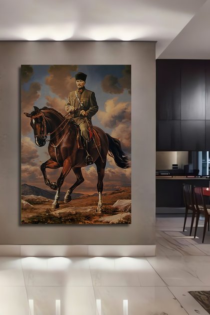 Dekoratif Dikey Atatürk At Biniyor Duvar Tablo Ahşap Dikdörtgen Tablo