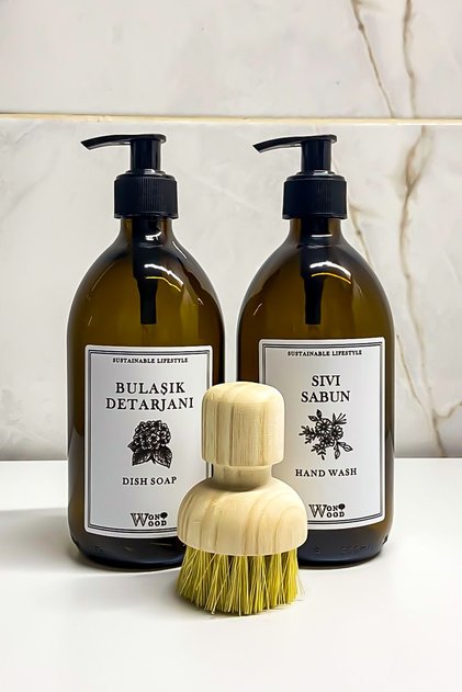 Amber Glass Dishwashing Detergent and Liquid Soap Bottle Without Stand - Multi-Purpose Cleaning Brush