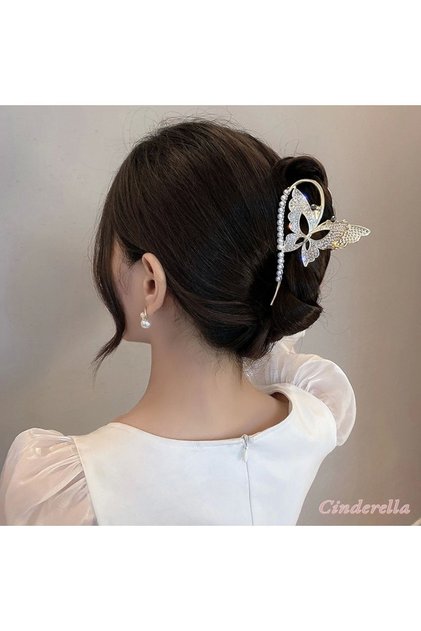 New Model Black Eye Detailed Butterfly Women's Metal Clasp Hairpin Gold - Crystal Stone Hairpin