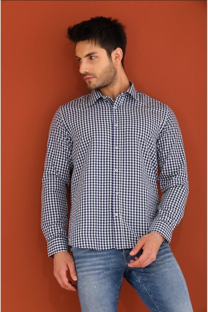 Navy Blue Striped Plaid Regular Men's Shirt