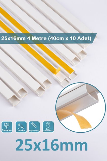 4 Metre Kedinden Yapışkanlı Kablo Kanalı | 4m (10 Adet x 40cm)  Kablo Gizleyici | 25x16mm