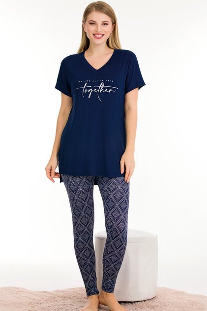 Viscose fabric lady patterned tights normal size v-neck short sleeve t-shirt pajama set 12576