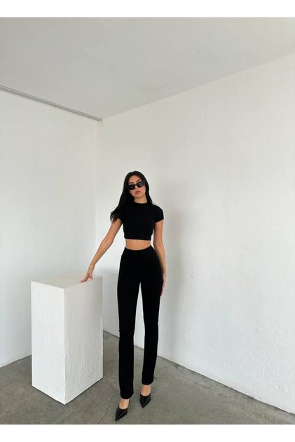 Women's Corded Fabric Ribbed Short-Sleeve Bodysuit with Wide Flare Corded Fabric