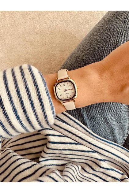 Bella Model BEJ RENK Kordon, Özel Tasarım Kadın Kol Saati , Gold Renk Kasa , Beyaz Renk Kadran