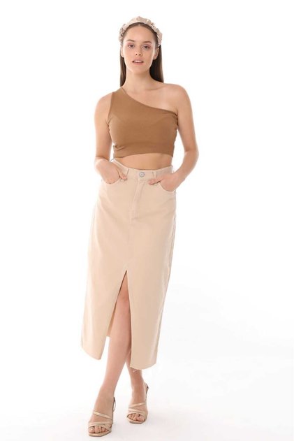 Kn Front Slit Beige Women's Linen Skirt
