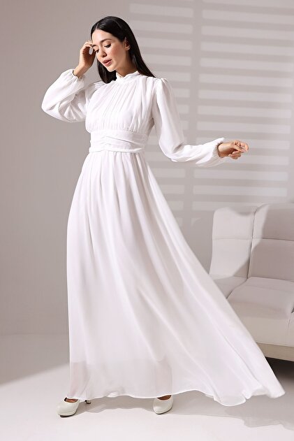 Mois Atelier Plus Size White Chiffon Hijab Evening Dress - Turtleneck and  Gathered Long Dress- Trendyol