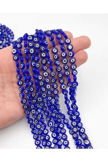 Yassı Dizi Cam Nazar Takı Boncuğu Mavi 8 Mm 1 Dizi