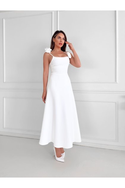 Rose Detailed White Midi Dress