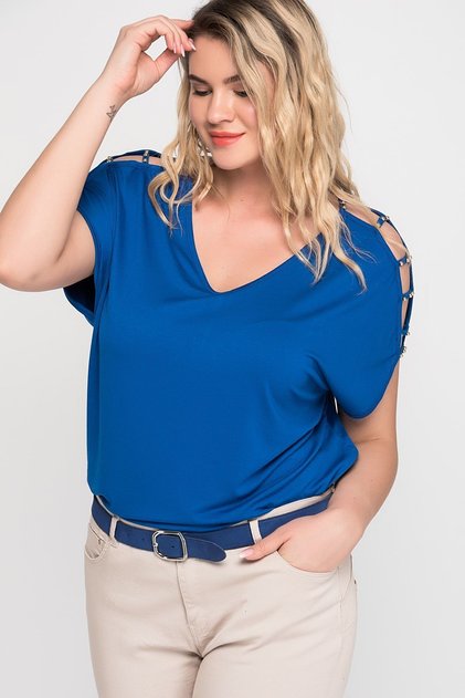 Women's Large Size Saxe Shoulder Low-cut Pearl Detailed Viscose Blouse 65n15453