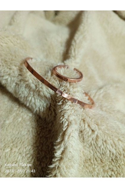 Women's Copper Forged Thin Ring And Bracelet Handmade Mini Set