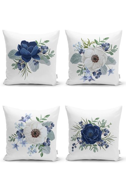 Set of 4 Blue and White Rose Designed Digital Printed Modern Throw Pillow Covers