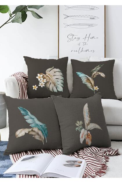Set of 4 Double Sided Dark Background Feather Motif Digital Printed Modern Raschel Knitted Throw Pillow Cover