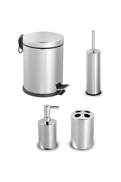 4'lü Banyo Seti Krom 3 Litre Çöp Kovası WC Fırçası Sıvı Sabunluk Diş Fırçalık Banyo Takımı