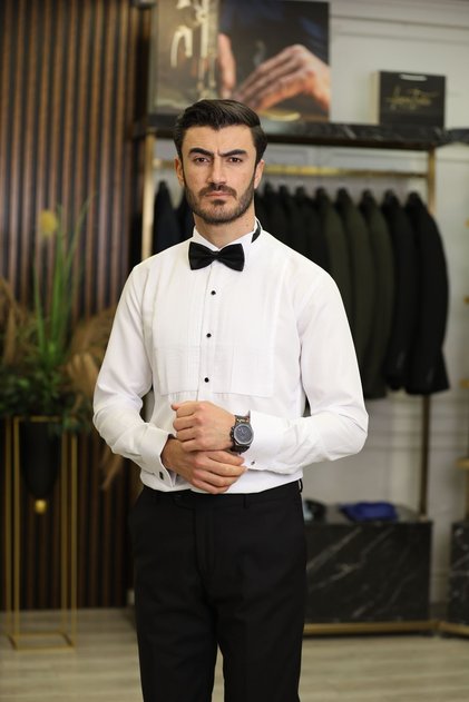 Men's Pleated Ankle Collar Tuxedo Shirt-White