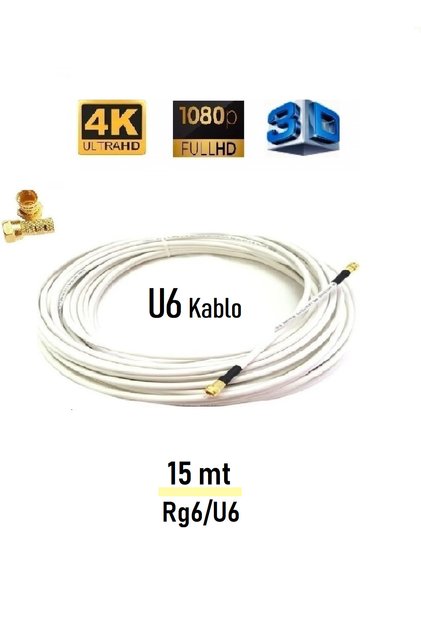 15 Metre U6 Kablo Rg6-U6 Gold Uçlu Uydu Anten Kablosu Full HD 3D4K 1080 Uyumludur “Hazır-Çalıştır”