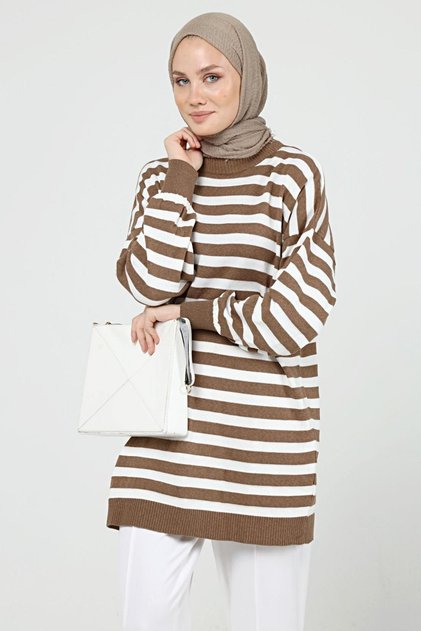 Women's Winter Striped Long Hijab Knitwear Tunik 4374