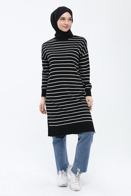Women's Striped Long Knitwear Hijab Tunic 4355