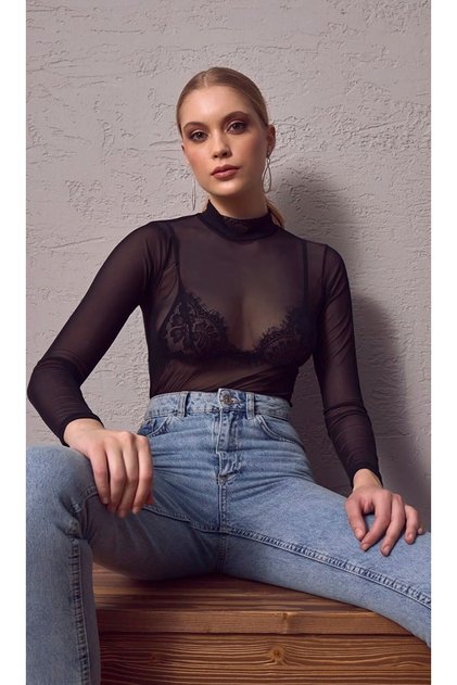 Body sexy din tul negru, casual, pentru zi cu zi