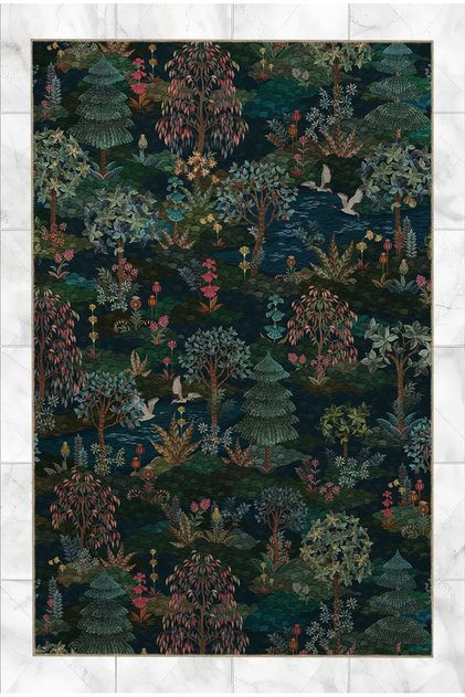 Green Blue Themed Forest Flowers Patterned Creative Modern Decorative Carpet 5172