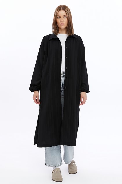 24048 Black Wrap Slit Long Women's Ferace Shirt