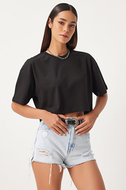 Happiness İstanbul Kadın Siyah %100 Pamuk Oversize Crop Örme T