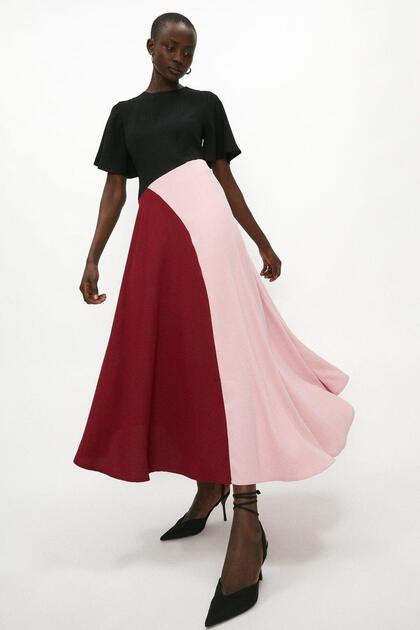 BCC01915 Model Color Block Flutter Sleeve Dress