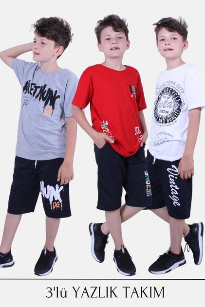 3-Piece Ibaa-Vintage-Hicet Printed Boys' Top and Bottom Set in Grey-Red-White