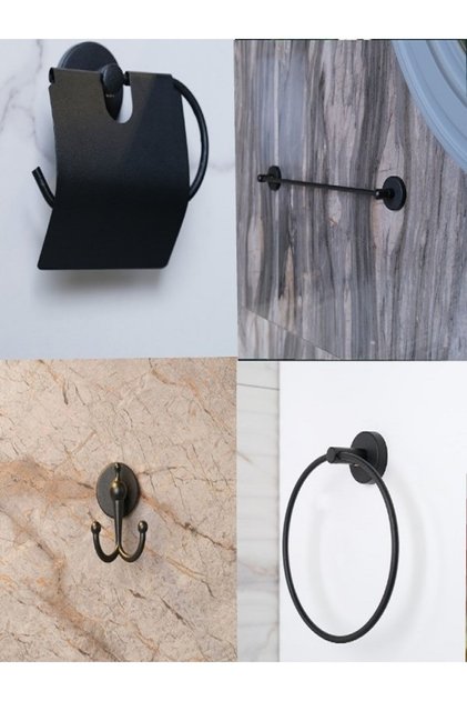 Bathroom Accessory Set with Cover Paper Holder Long Towel Holder Bathrobe Holder Ring Towel Black Both Adhesive and Screw