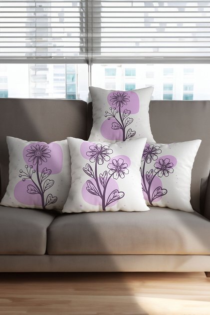 Purple and White Color Floral Patterned Gift 4-Piece Digital Printed Throw Pillow Cover