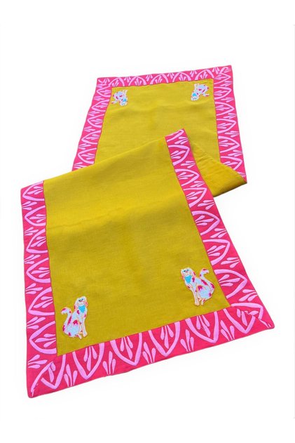 Pink Dog Embroidered Mustard Linen Decorative Runner (1 Piece)