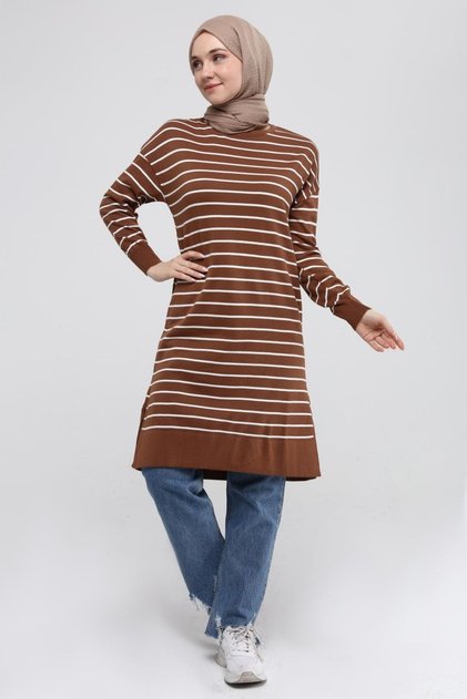 Women's Striped Long Knitwear Hijab Tunic 4355