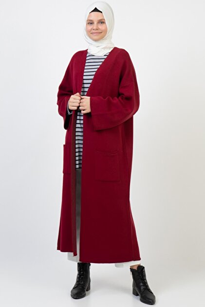 Women's Burgundy Winter Kimono Sleeve Pocket V-Neck Cardigan 4100