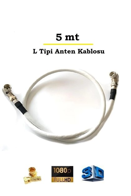 5 Metre L Tipi F Konnektörlü 90 Derece Hazır Anten Uydu Kablosu, “tak Kullan” Beyaz